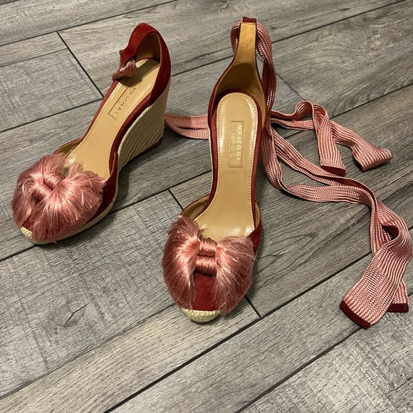 Aquazzura Elegant Pink Fur-Trimmed wine color suede Wedge Sandals size 36 - Picture 1 of 8